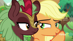 Size: 1920x1080 | Tagged: safe, screencap, applejack, cinder glow, summer flare, kirin, pony, g4, sounds of silence, discovery family logo, duo, female, mare