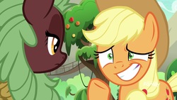 Size: 1920x1080 | Tagged: safe, screencap, applejack, cinder glow, summer flare, kirin, pony, g4, sounds of silence, awkward, discovery family logo, duo, female, mare
