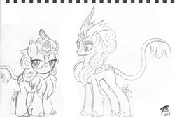 Size: 3599x2427 | Tagged: safe, artist:radiancebreaker, rain shine, kirin, g4, sounds of silence, cloven hooves, duo, female, high res, monochrome, sketch, traditional art
