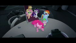 Size: 1280x720 | Tagged: safe, screencap, applejack, fluttershy, pinkie pie, rainbow dash, rarity, spike, dragon, earth pony, pegasus, pony, unicorn, g4, my little pony: the movie, animated, applejack's hat, canterlot, cloud, cowboy hat, crying, crying on the outside, eyes closed, female, floppy ears, hat, hug, implied death, implied twilight sparkle, lip bite, male, no sound, open mouth, remane five, sad, webm
