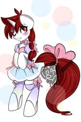 Size: 1000x1500 | Tagged: safe, artist:scarlet heart, oc, oc:miss final verse, pony, unicorn, bow, clothes, cute, dress, dressup, embarrassed, female, frilly dress, girly, hair bow, mare, red hair