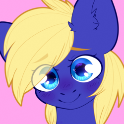 Size: 2000x2000 | Tagged: safe, artist:etoz, oc, oc only, oc:spore, earth pony, pony, blue eyes, blushing, bust, commission, cute, female, high res, mare, shy, simple background, smiling, solo