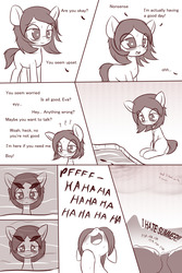 Size: 1280x1920 | Tagged: dead source, safe, artist:an-m, oc, oc only, oc:genoveva, earth pony, pony, comic, dialogue, female, lake, leaf, mare, monochrome, pony oc, reflection, sweat, text, water
