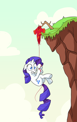 Size: 1701x2700 | Tagged: safe, artist:docwario, rarity, pony, unicorn, g4, cliff, clothes, female, floppy ears, gritted teeth, hanging, holding on, mare, peril, raritober, solo, sweater, thread, wide eyes