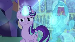 Size: 1280x720 | Tagged: safe, screencap, starlight glimmer, trixie, pony, unicorn, g4, to where and back again, belly, duo, force field, glowing horn, horn, magic, screaming
