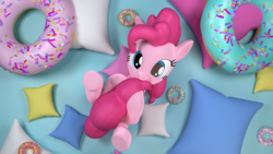 Size: 3840x2160 | Tagged: safe, artist:sugarcube-cake, pinkie pie, pony, g4, 3d, biting, cute, diapinkes, donut, female, food, high res, nom, on back, pillow, solo, tail bite