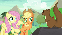 Size: 1280x720 | Tagged: safe, screencap, applejack, fluttershy, squirrel, g4, sounds of silence