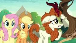 Size: 1280x720 | Tagged: safe, screencap, applejack, autumn blaze, fluttershy, kirin, g4, season 8, sounds of silence, floppy ears, lip bite, sweat