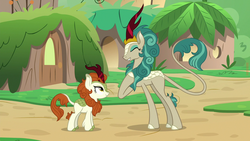 Size: 1280x720 | Tagged: safe, screencap, autumn blaze, rain shine, kirin, g4, season 8, sounds of silence, cloven hooves, duo, eyes closed, female, raised tail, size difference, tail