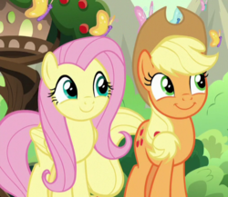 Size: 507x440 | Tagged: safe, screencap, applejack, fluttershy, butterfly, earth pony, pegasus, pony, sounds of silence, cropped, cute, duo, female, happy, jackabetes, mare, shyabetes, smiling