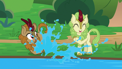 Size: 1280x720 | Tagged: safe, screencap, fern flare, spring glow, kirin, g4, sounds of silence, background kirin, cloven hooves, duo, eyes closed, female, splash, water