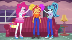 Size: 1024x576 | Tagged: safe, artist:limedazzle, part of a set, pinkie pie, sonata dusk, sunset shimmer, equestria girls, equestria girls series, g4, balloon, clothes, converse, couch, cup, cupcake, eyes closed, female, food, geode of sugar bombs, pants, ponytail, shirt, shoes, show accurate, smiling, static electricity