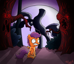 Size: 1024x886 | Tagged: safe, artist:artspirit00, scootaloo, the headless horse, headless horse, pegasus, pony, g4, sleepless in ponyville, female, filly, headless, moon, night, nightmare, scared, scary tree, tree, wings