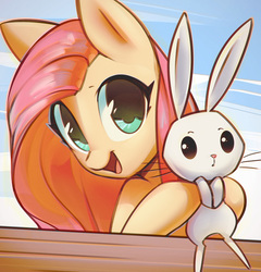 Size: 1102x1149 | Tagged: safe, artist:mirroredsea, angel bunny, fluttershy, pony, g4, bust, cute, duo, female, hoof hold, looking at you, mare, open mouth, shyabetes, smiling