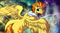 Size: 3840x2160 | Tagged: safe, artist:lupiarts, spitfire, pegasus, pony, g4, crepuscular rays, female, high res, looking back, mare, solo, towel
