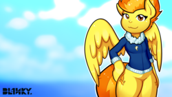 Size: 3200x1800 | Tagged: safe, artist:core-ridor, artist:monochromacat, edit, spitfire, pegasus, pony, semi-anthro, g4, arm hooves, both cutie marks, clothes, female, mare, solo, wallpaper, wallpaper edit, winter outfit