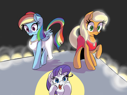 Size: 3200x2400 | Tagged: safe, artist:hananpacha, applejack, rainbow dash, rarity, earth pony, pegasus, pony, unicorn, g4, alternate hairstyle, alternate tailstyle, and then there's rarity, applejack also dresses in style, catwalk, clothes, dress, fashion show, female, high res, mare, modeling, rainbow dash always dresses in style