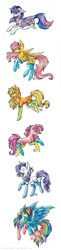 Size: 2308x9449 | Tagged: safe, artist:schizoidtomii, applejack, fluttershy, pinkie pie, rainbow dash, rarity, twilight sparkle, alicorn, pony, g4, chest fluff, clothes, ear fluff, mane six, socks, socktober, traditional art, twilight sparkle (alicorn)