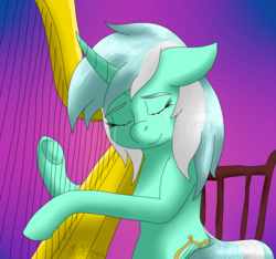 Size: 1800x1684 | Tagged: safe, artist:midnightfire1222, lyra heartstrings, pony, unicorn, g4, background pony, crying, female, harp, harp player, hooves, horn, mare, musical instrument, musician, solo, tears of joy