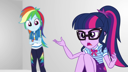 Size: 1920x1080 | Tagged: safe, screencap, rainbow dash, sci-twi, twilight sparkle, equestria girls, equestria girls specials, g4, my little pony equestria girls: better together, my little pony equestria girls: rollercoaster of friendship, crossed arms, female, geode of super speed, geode of telekinesis, magical geodes, ponytail