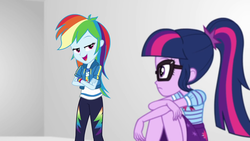 Size: 1920x1080 | Tagged: safe, screencap, rainbow dash, sci-twi, twilight sparkle, equestria girls, equestria girls specials, g4, my little pony equestria girls: better together, my little pony equestria girls: rollercoaster of friendship, crossed arms, female, geode of super speed, magical geodes, ponytail