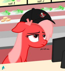 Size: 1800x1947 | Tagged: safe, artist:arifproject, oc, oc only, oc:downvote, pony, derpibooru, g4, cap, celery, counter, derpibooru ponified, frown, hat, kfc, kill me, meta, ponified, solo, unamused, vector, working