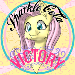 Size: 900x900 | Tagged: safe, artist:ravvij, fluttershy, pegasus, pony, fallout equestria, g4, bottle, bottlecap, cap, cheek fluff, cute, ear fluff, fallout, fanfic, fanfic art, female, hat, mare, ministry mares, ministry of peace, pink, soft, solo, sparkle cola, text, top, victory, yellow