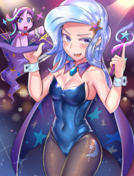 Size: 800x1055 | Tagged: safe, artist:tzc, starlight glimmer, trixie, human, pony, unicorn, g4, adorasexy, anime, blushing, bowtie, breasts, busty trixie, cape, cleavage, clothes, cute, diatrixes, female, fishnet stockings, glimmerbetes, hat, humanized, leotard, looking at you, magician outfit, nail polish, no underwear, open mouth, pantyhose, raised eyebrow, reasonably sized breasts, sexy, stupid sexy trixie, trixie's cape, trixie's hat, wand