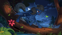 Size: 1920x1080 | Tagged: safe, artist:discordthege, oc, oc only, bat pony, butterfly, pony, bat pony oc, commission, crescent moon, female, flower, mare, moon, night, open mouth, scenery, solo, spread wings, tree, wings