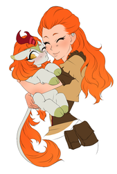 Size: 865x1280 | Tagged: safe, artist:glorious-rarien, autumn blaze, human, kirin, pony, g4, sounds of silence, :<, aloy, awwtumn blaze, blushing, cloven hooves, colored hooves, crossover, cute, duo, embarrassed, eyes closed, female, floppy ears, frown, holding a kirin, holding a pony, horizon zero dawn, hug, looking away, no pupils, nuzzling, simple background, smiling, white background