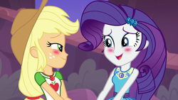 Size: 1920x1080 | Tagged: safe, screencap, applejack, rarity, equestria girls, equestria girls specials, g4, my little pony equestria girls: better together, my little pony equestria girls: rollercoaster of friendship, blushing, female, geode of shielding, geode of super strength, shipping fuel