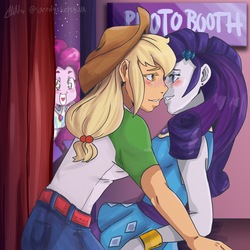 Size: 2000x2000 | Tagged: safe, artist:scootalootheotaku007, applejack, pinkie pie, rarity, equestria girls, equestria girls series, g4, rollercoaster of friendship, adorasexy, blushing, cute, female, geode of shielding, heart eyes, high res, imminent kissing, jackabetes, lesbian, looking at each other, photo booth, raribetes, rarity peplum dress, sexy, ship:rarijack, shipper on deck, shipper pie, shipping, voyeurism, wingding eyes