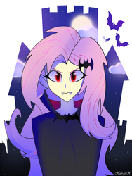 Size: 2448x3264 | Tagged: safe, artist:xan-gelx, fluttershy, bat, vampire, equestria girls, g4, castle, clothes, fangs, female, flutterbat, halloween, high res, holiday, looking at you, red eyes, solo