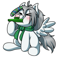 Size: 1280x1280 | Tagged: safe, artist:alittleofsomething, oc, oc only, oc:umbra winterdance, pegasus, pony, ><, clothes, eyes closed, kazoo, musical instrument, scarf, simple background, solo, transparent background