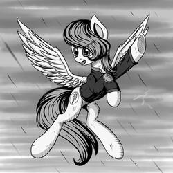 Size: 3000x3000 | Tagged: safe, artist:adagiostring, oc, oc only, oc:morning glory (project horizons), pegasus, pony, fallout equestria, fallout equestria: project horizons, black and white, branded, clothes, dashite, dashite brand, fanfic art, female, flying, grayscale, high res, manga, monochrome, pegasus oc, rain, solo