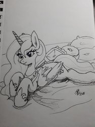 Size: 1024x1365 | Tagged: safe, artist:zsnowfilez, princess celestia, pony, g4, female, monochrome, prone, solo, traditional art