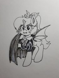 Size: 1024x1365 | Tagged: safe, artist:zsnowfilez, oc, oc only, oc:chocolate frostheart, pony, unicorn, bat wings, female, mare, monochrome, solo, traditional art, wings