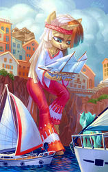 Size: 1417x2244 | Tagged: safe, artist:holivi, lyra heartstrings, oc, oc:golden age, unicorn, anthro, plantigrade anthro, g4, boat, city, clothes, commission, female, giantess, macro, ocean, signature, smiling, solo focus, water