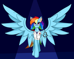 Size: 4677x3787 | Tagged: safe, alternate version, artist:cuddlelamb, rainbow dash, g4, blushing, doctor, ear fluff, looking at you, neck fluff, spread wings, stethoscope, tongue out, wings