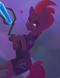 Size: 2975x3850 | Tagged: safe, artist:lula-moonarts, tempest shadow, pony, unicorn, g4, my little pony: the movie, armor, broken horn, eye scar, female, heart, high res, horn, lidded eyes, mare, scar, smiling, solo, staff, staff of sacanas