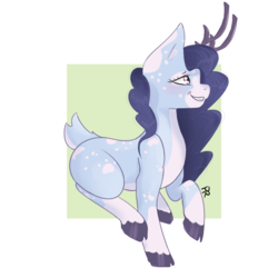 Size: 750x750 | Tagged: safe, artist:pitifulrocks, oc, oc only, deer, pony, abstract background, antlers, blue, cloven hooves, cute, pastel, raised hoof, smiling, solo