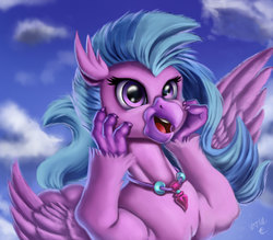 Size: 1200x1050 | Tagged: safe, artist:vittorionobile, silverstream, classical hippogriff, hippogriff, g4, female, happy, jewelry, necklace, open mouth, smiling, solo