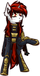 Size: 1136x2152 | Tagged: safe, artist:lrusu, oc, oc only, oc:blackjack, pony, unicorn, fallout equestria, fallout equestria: project horizons, armor, background removed, clothes, colored sclera, fanfic art, female, looking back, mare, raised hoof, simple background, solo, transparent background, vault security armor, yellow sclera