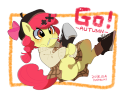 Size: 1720x1300 | Tagged: safe, artist:potetecyu_to, apple bloom, earth pony, pony, semi-anthro, g4, arm hooves, boots, bow, clothes, female, filly, mouth hold, shoes, skirt, solo, tying shoes