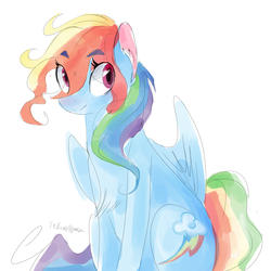 Size: 2000x2000 | Tagged: safe, artist:yellowalpaca0726, rainbow dash, pegasus, pony, g4, chest fluff, eye clipping through hair, female, high res, looking sideways, mare, simple background, sitting, smiling, solo, three quarter view, white background