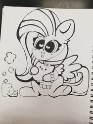 Size: 768x1024 | Tagged: safe, artist:kittyrosie, fluttershy, pegasus, pony, g4, clothes, cute, female, heart, heart eyes, holding, inktober, inktober 2018, mare, monochrome, mug, open mouth, shyabetes, sitting, smiling, solo, spread wings, sweater, sweatershy, traditional art, wingding eyes, wings