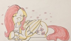 Size: 2823x1627 | Tagged: safe, artist:saphire-dragon42, angel bunny, fluttershy, pegasus, pony, g4, duo, eyes closed, female, floppy ears, folded wings, inktober, inktober 2018, mare, peaceful, prone, smiling, traditional art, wings