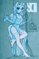 Size: 533x800 | Tagged: safe, artist:yasuokakitsune, oc, oc only, alicorn, anthro, advertisement, boots, broom, clothes, commission, curvy, dress, full body, halloween, halloween costume, high heel boots, holiday, jewelry, looking at you, monochrome, necklace, poison, pumpkin, shoes, sketch, socks, solo, standing, standing on one leg, thigh boots, thigh highs, traditional art, vial, window, witch, ych example, your character here