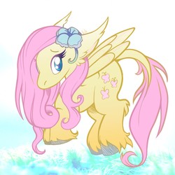 Size: 1280x1280 | Tagged: safe, artist:bookshelph, fluttershy, pegasus, pony, g4, ear fluff, female, floppy ears, flower, flower in hair, leonine tail, looking sideways, mare, solo, spread wings, unshorn fetlocks, wings