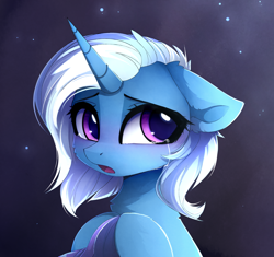 Size: 2942x2760 | Tagged: safe, artist:magnaluna, trixie, pony, unicorn, g4, bust, cheek fluff, chest fluff, clothes, crying, cute, diatrixes, ear fluff, female, floppy ears, fluffy, hat, high res, holding, horn, looking at you, mare, missing accessory, night, open mouth, sad, sadorable, solo, starry night, tearjerker, teary eyes, the sad and depressive trixie, trixie's hat, white mane